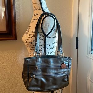 Gunmetal colored SAS leather shoulder purse w/silver colored metal accents